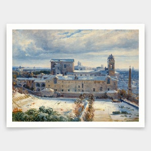 May include: A watercolor painting depicting a snow-covered cityscape with a large building in the foreground. The building has a tall tower with a clock face and is surrounded by smaller buildings. The sky is a pale blue with white clouds.