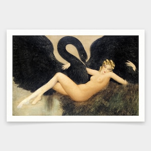 May include: A woman with blonde hair lies on a bed of reeds, her arms wrapped around a black swan. The swan's neck curves around her, its head resting on her shoulder. The woman's eyes are closed, and she appears to be asleep.
