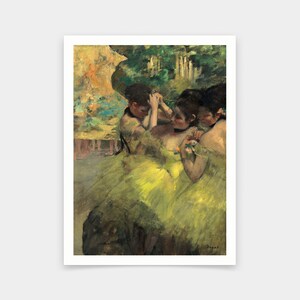 May include: A painting of three ballerinas in yellow tutus, with one ballerina adjusting her hair while the other two look on. The painting is set against a backdrop of green foliage and a white structure.