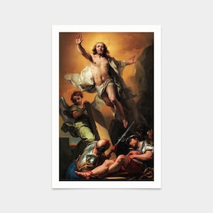 May include: A painting depicting the ascension of Jesus Christ into heaven. He is surrounded by a golden light and is rising above a group of soldiers. One soldier is asleep, while another is looking up at Jesus.