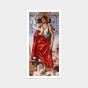 May include: A painting of a man in a red robe holding a staff. He is standing on a platform with a cityscape in the background. The text "S. INDESERTO" is written on a scroll in the upper left corner of the painting.