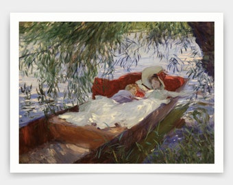 John Singer Sargent,Lady and Child Asleep in a Punt under the Willows,art prints,Vintage art,canvas wall art,famous art prints,V4443