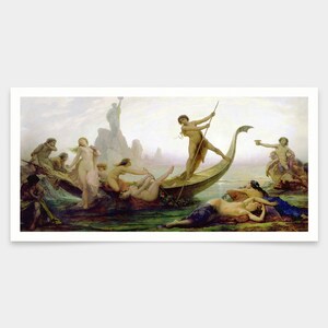 Puede incluir: Una pintura que representa a un grupo de personas en un bote en una masa de agua. El bote está siendo remado por un hombre en el centro del bote. Hay varias mujeres en el bote y un hombre de pie en la orilla en el fondo. La pintura está hecha en un estilo realista, con colores apagados.