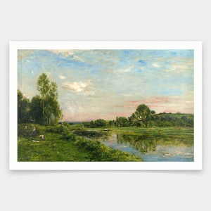 May include: A painting of a river scene with a blue sky and white clouds. The river is calm and reflects the sky. There are trees on both sides of the river and a few cows grazing in the field.