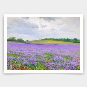 May include: A painting of a field of purple wildflowers with a rolling green hill in the background. The sky is cloudy and blue.