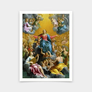 Puede incluir: Una pintura que representa la Asunción de la Virgen María, con María rodeada de ángeles y querubines en un entorno celestial. La pintura presenta una paleta de colores vibrantes, con tonos de azul, rojo, amarillo y blanco.