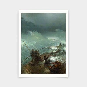 Puede incluir: Una pintura que representa un barco atrapado en una tormenta furiosa en el mar. El barco está siendo zarandeado por las olas, y la tripulación lucha por mantener el control. El cielo está oscuro y tormentoso, y las olas se estrellan contra el barco. La pintura es una representación dramática del poder de la naturaleza.