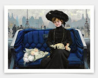 Paul Fischer,Elegant young woman in a Horse-Drawn carriage near Dronning Louises Bro at Sotorvet,art prints,Vintage art,canvas wall ,V4776