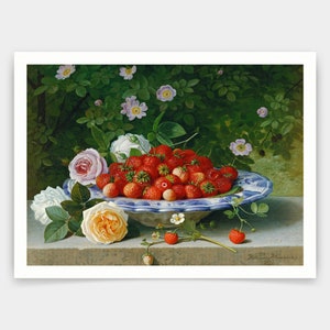 William Hammer,Strawberries in a Blue and White Buckelteller with Roses and Sweet Briar on a Ledge,art prints,Vintage art,canvas wall ,V5154