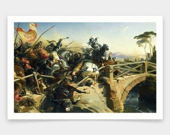 Puede incluir: Una pintura que representa una escena de batalla caótica en un puente de piedra. La escena está llena de caballeros a caballo, algunos cayendo de sus caballos, otros luchando con espadas. El puente es de piedra y tiene una barandilla de madera. El fondo es un paisaje con árboles y montañas.