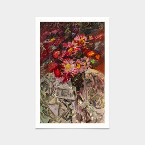 May include: A painting of a still life with a vase of pink and red flowers on a white tablecloth. The flowers are in a clear glass vase and the background is a dark red.