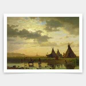Albert Bierstadt,View of Chimney Rock,Ogalilah Sioux Village in the Foreground,art prints,Vintage art,canvas wall art,famous art print,V3002
