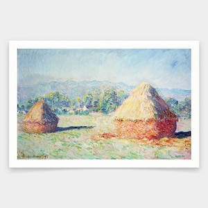 May include: A painting of two haystacks in a field with a distant view of hills and trees. The haystacks are painted in a loose, impressionistic style with strokes of yellow, orange, and red.