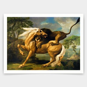 May include: A painting depicting a dramatic scene of a lion attacking a horse. The lion has its claws sunk into the horse's back, while the horse rears up in defense. The scene is set in a lush, green forest with a cloudy sky in the background.
