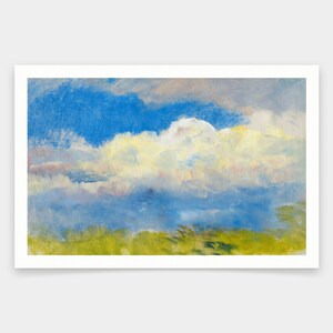 Könnte beinhalten: Ein Gemälde einer Landschaft mit einer großen weißen Wolke am Himmel. Der Himmel ist blau und der Boden ist grün.