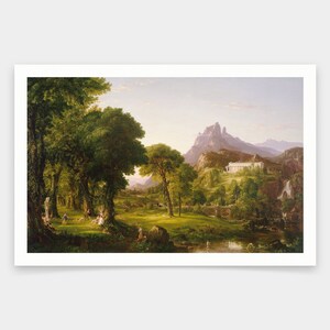 Puede incluir: Una pintura que representa un paisaje verde y exuberante con un edificio blanco en la distancia. La escena presenta un río sinuoso, un puente y una cascada. La pintura está ambientada en un fondo de montañas y un cielo azul claro.