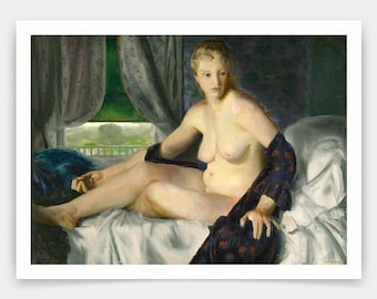 May include: A nude woman with blonde hair sits on a bed, wearing a black and white patterned robe. She is looking to the left, and her left hand is resting on the robe. The bed is white, and the background is a dark green and purple.