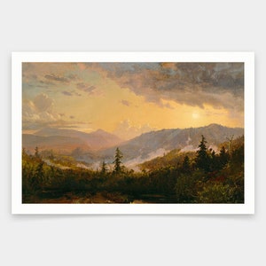 Puede incluir: Una pintura que representa un paisaje con una cordillera en la distancia. El cielo es de un amarillo suave con nubes, y las montañas son de un verde intenso. El primer plano es un bosque con árboles y follaje.
