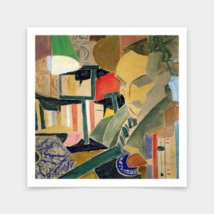 May include: Abstract painting with geometric shapes in shades of green, red, yellow, blue, and brown. The painting is composed of overlapping and intersecting shapes, creating a sense of depth and movement.