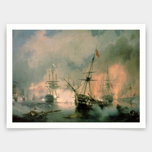 Puede incluir: Una pintura que representa una escena de batalla naval con varios barcos disparándose cañones entre sí. Los barcos navegan en un mar picado con humo y fuego en el fondo. La pintura está realizada en un estilo realista con un enfoque en el detalle.