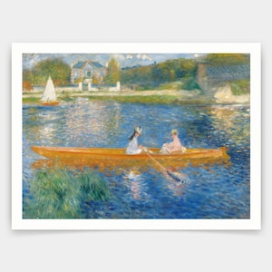 May include: Two people in a yellow rowboat on a blue lake. The boat is in the foreground of the painting, with a house and a bridge in the background. The water is painted with a lot of detail, showing the ripples and reflections of the light.