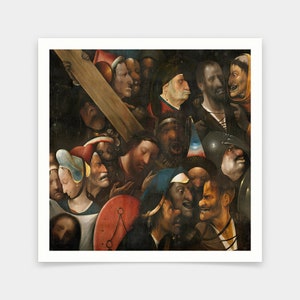 以下が含まれることがあります： キリストの受難を描いた絵画。十字架を担うイエスを、人々が取り囲んでいる。絵画は、細部まで描かれた表情豊かな顔立ちが特徴で、さまざまな感情が表現されている。絵画は暗い背景に描かれており、人物は強い光源によって照らされている。