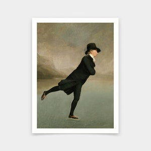 May include: A painting of a man ice skating on a frozen lake. He is wearing a black coat, black pants, and a black hat. The background is a hazy landscape.