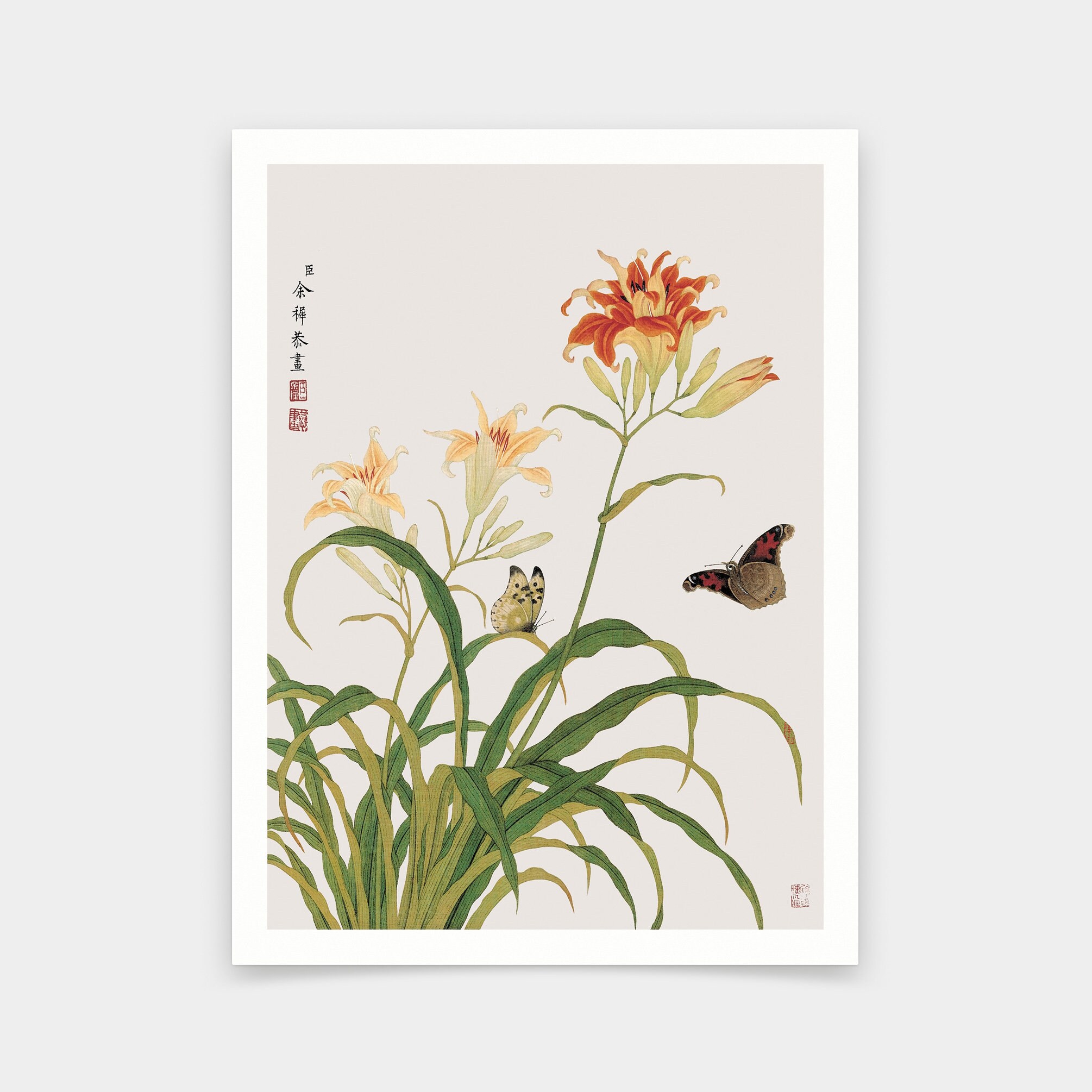 Yu Zhi,lilies and Butterflies,chinese Painting,art Prints,vintage