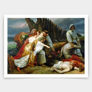 May include: A painting depicting a scene of a woman in a gold and white dress, a man in a brown robe, and a man in a white robe tending to a wounded man lying on the ground. The scene is set in a forest with a wooden fence in the background.