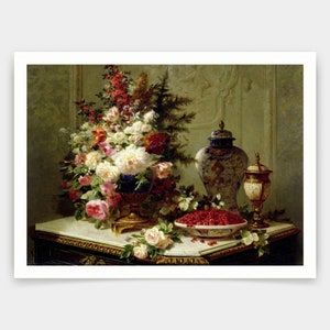 Jean Baptiste Robie,Still life with flowers and raspberries,art prints,Vintage art,canvas wall art,famous art prints,V4301