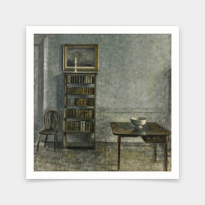 Vilhelm Hammershoi,interior With A Table, Bookcase And Windsor Chair,art prints,Vintage art,canvas wall art,famous art prints,V7279