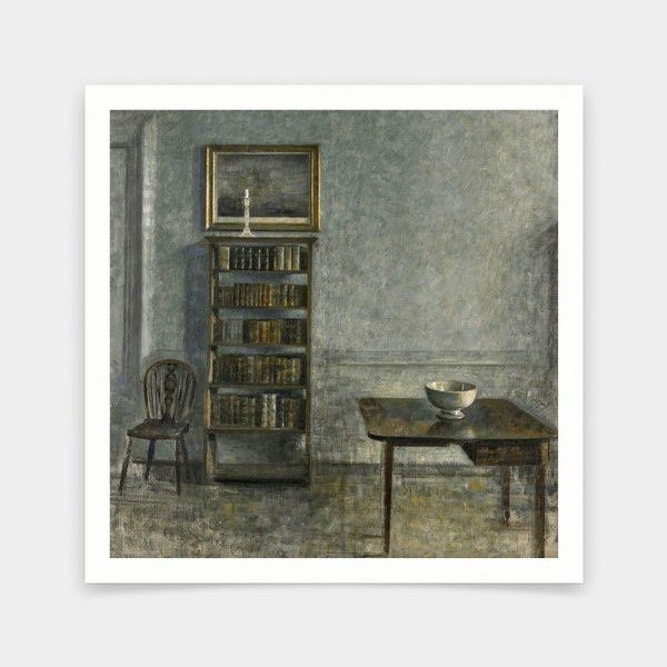 Vilhelm Hammershoi, intérieur avec une table, une bibliothèque et une chaise Windsor, des impressions d’art, de l’art vintage, de l’art mural sur toile, des impressions d’art célèbres, V7279