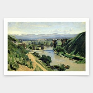 May include: A painting depicting a river flowing through a valley with a stone bridge in the distance. The river is wide and shallow, with a light blue color. The valley is green and lush, with rolling hills in the background. The sky is a light blue with white clouds.