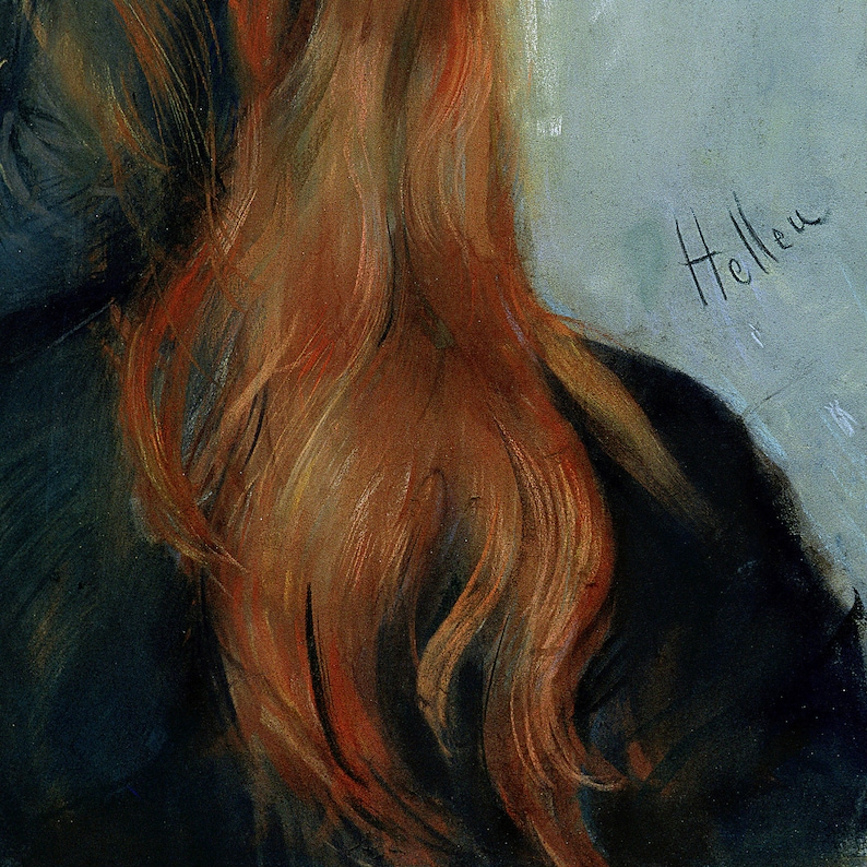 以下が含まれることがあります： 女性の長い赤い髪の毛を描いた絵画のクローズアップ。髪は赤、オレンジ、黄色の厚い筆致で描かれている。右上の隅に「Helleu」の署名が見える。