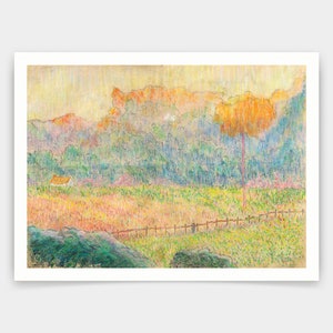 May include: A pastel landscape painting depicting a field with a small house, a fence, and a tall tree in the background. The sky is a soft yellow with hints of orange and pink.