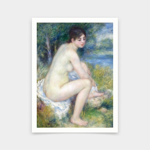 May include: A painting of a nude woman sitting on a rock by a lake. The woman is facing away from the viewer and has her hair pulled back. The background is a blurry landscape of trees and water.