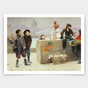 Paul Charles Chocarne Moreau,Young Pedlars On The Pont Des Arts, Paris,art prints,Vintage art,canvas wall art,famous art prints,V4771