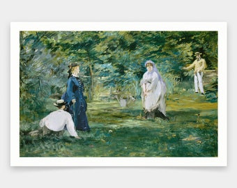 May include: A painting depicting four figures in a garden setting. Two women in long dresses stand in the center of the painting, while a man in a straw hat sits on the ground to the left. A man in a white shirt and straw hat stands to the right, looking towards the viewer. The painting is done in a loose, impressionistic style, with brushstrokes visible throughout.