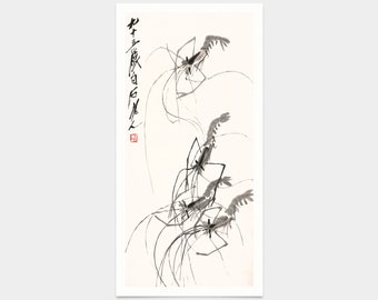 Qi Baishi,Chinese ink shrimp,Chinese print,japanese print,art prints,Vintage art,canvas wall art,famous art prints,vertical narrow,V7500