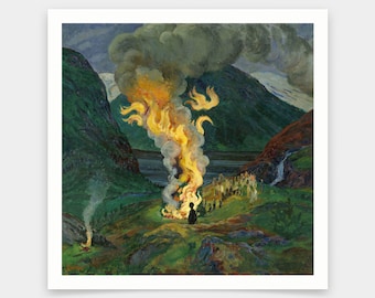 Nikolai Astrup,Bonfire celebrating Midsummer Night,art prints,Vintage art,canvas wall art,famous art prints,V7205