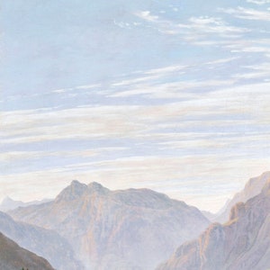 May include: A painting of a mountain range with a hazy, blue sky. The mountains are a muted brown color and the sky is filled with thin, white clouds.