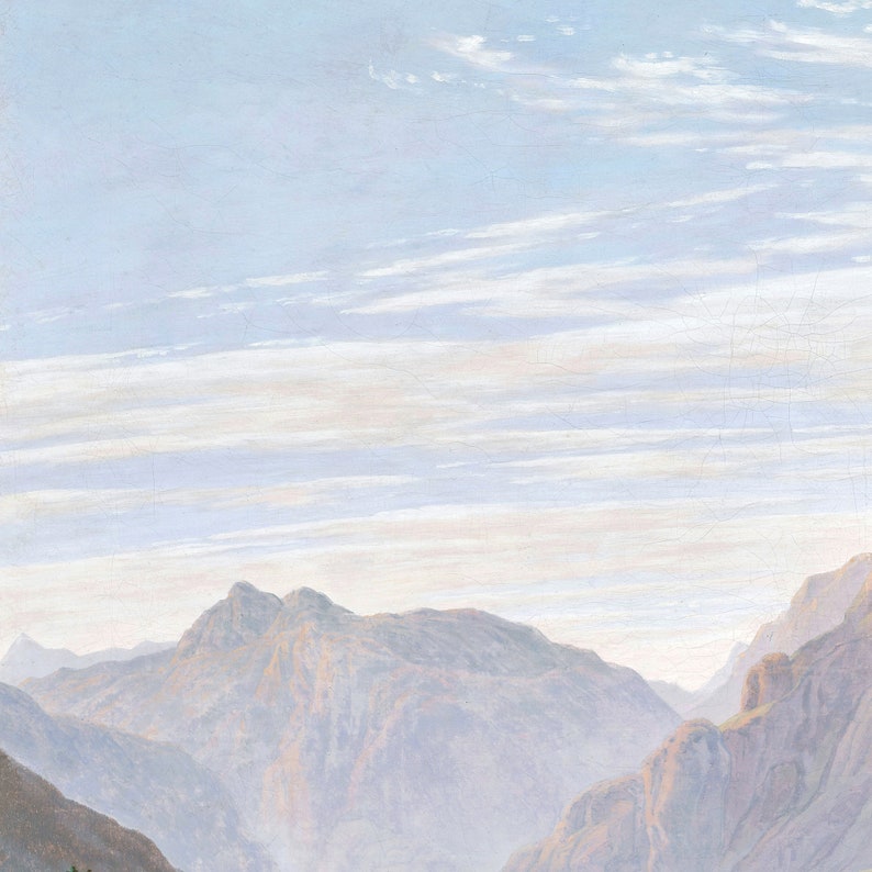May include: A painting of a mountain range with a hazy, blue sky. The mountains are a muted brown color and the sky is filled with thin, white clouds.