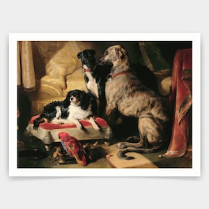 Sir Edwin Landseer (1803-73),Hector,Nero, and Dash with the parrot, Lory,art prints,Vintage art,canvas wall art,famous art prints,q1402