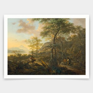 Puede incluir: Una pintura que representa un paisaje con un lago, montañas y árboles. En primer plano, hay figuras, incluyendo personas que caminan y montan un burro.