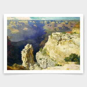 Puede incluir: Una pintura del Gran Cañón, que muestra un cañón profundo y ancho con formaciones rocosas en capas en tonos de marrón, amarillo y blanco. El cielo es azul brillante con nubes tenues. La pintura está realizada en un estilo realista.