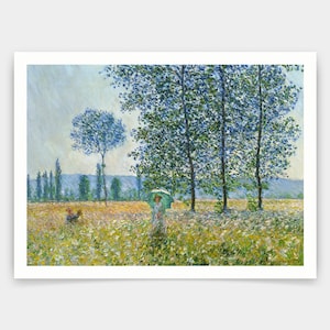 May include: A painting depicting a landscape with a woman walking through a field of flowers. The woman is holding a green umbrella. Trees are visible in the background.