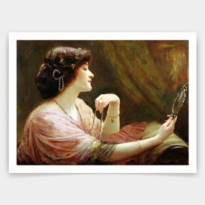 May include: A vintage painting depicts a woman in profile, adorned with jewelry, holding a small mirror. She wears a pink and gold-trimmed gown, with her hair styled in an updo. The artwork has a classic, romantic feel.