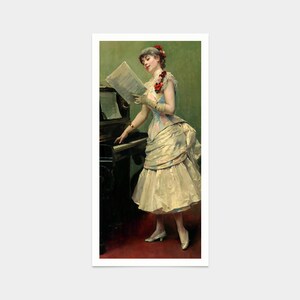 May include: A woman in a white dress with red flowers on her bodice stands at a piano, holding a sheet of music. The piano is black and has a gold trim. The woman is wearing a white glove on her right hand.