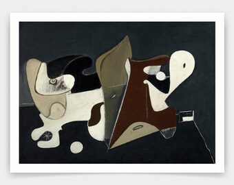 May include: Abstract painting featuring geometric shapes in shades of brown, black, white, and gray. The shapes are layered and overlapping, creating a sense of depth and movement.