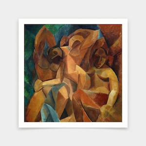 May include: A cubist painting of three figures in a reclining pose. The figures are painted in shades of brown, orange, and blue. The painting has a geometric style.